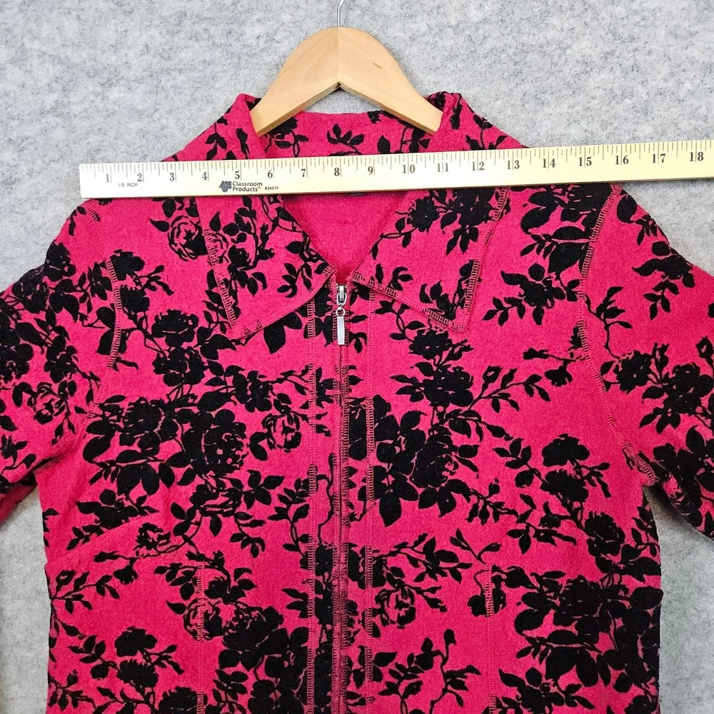 For Cynthia Womens Pink & Black Floral Print Wool Blend Zip Up Cardigan Size M